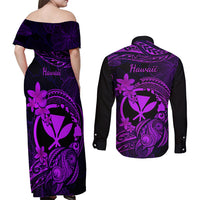 hawaii-couples-matching-off-shoulder-maxi-dress-and-long-sleeve-button-shirts-turtle-mix-polynesian-plumeria-purple-version