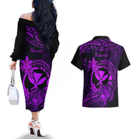 Hawaii Couples Matching Off The Shoulder Long Sleeve Dress and Hawaiian Shirt Turtle Mix Polynesian Plumeria Purple Version LT14 - Polynesian Pride
