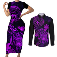 hawaii-couples-matching-short-sleeve-bodycon-dress-and-long-sleeve-button-shirts-turtle-mix-polynesian-plumeria-purple-version