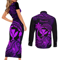 hawaii-couples-matching-short-sleeve-bodycon-dress-and-long-sleeve-button-shirts-turtle-mix-polynesian-plumeria-purple-version