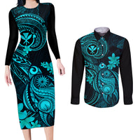 hawaii-couples-matching-long-sleeve-bodycon-dress-and-long-sleeve-button-shirts-turtle-mix-polynesian-plumeria-turquoise-version