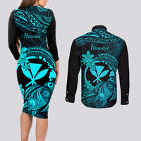 hawaii-couples-matching-long-sleeve-bodycon-dress-and-long-sleeve-button-shirts-turtle-mix-polynesian-plumeria-turquoise-version