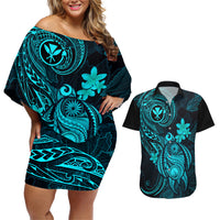 hawaii-couples-matching-off-shoulder-short-dress-and-hawaiian-shirt-turtle-mix-polynesian-plumeria-turquoise-version