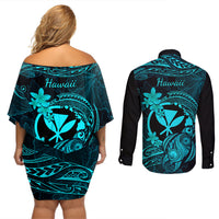 hawaii-couples-matching-off-shoulder-short-dress-and-long-sleeve-button-shirts-turtle-mix-polynesian-plumeria-turquoise-version