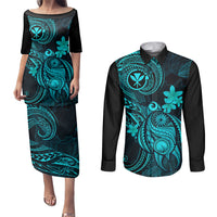 hawaii-couples-matching-puletasi-dress-and-long-sleeve-button-shirts-turtle-mix-polynesian-plumeria-turquoise-version
