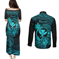 hawaii-couples-matching-puletasi-dress-and-long-sleeve-button-shirts-turtle-mix-polynesian-plumeria-turquoise-version