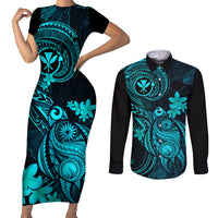 hawaii-couples-matching-short-sleeve-bodycon-dress-and-long-sleeve-button-shirts-turtle-mix-polynesian-plumeria-turquoise-version
