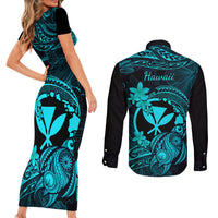 hawaii-couples-matching-short-sleeve-bodycon-dress-and-long-sleeve-button-shirts-turtle-mix-polynesian-plumeria-turquoise-version