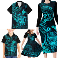 Hawaii Family Matching Long Sleeve Bodycon Dress and Hawaiian Shirt Turtle Mix Polynesian Plumeria Turquoise Version LT14 - Polynesian Pride