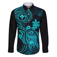 Hawaii Family Matching Mermaid Dress and Hawaiian Shirt Turtle Mix Polynesian Plumeria Turquoise Version LT14 Dad's Shirt - Long Sleeve Turquoise - Polynesian Pride