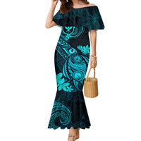 Hawaii Family Matching Mermaid Dress and Hawaiian Shirt Turtle Mix Polynesian Plumeria Turquoise Version LT14 Mom's Dress Turquoise - Polynesian Pride
