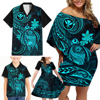 Hawaii Family Matching Off Shoulder Short Dress and Hawaiian Shirt Turtle Mix Polynesian Plumeria Turquoise Version LT14 - Polynesian Pride