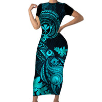 Hawaii Family Matching Short Sleeve Bodycon Dress and Hawaiian Shirt Turtle Mix Polynesian Plumeria Turquoise Version LT14 Mom's Dress Turquoise - Polynesian Pride