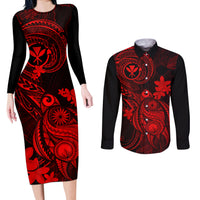 hawaii-couples-matching-long-sleeve-bodycon-dress-and-long-sleeve-button-shirts-turtle-mix-polynesian-plumeria-red-version