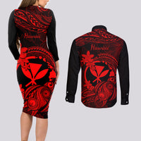 hawaii-couples-matching-long-sleeve-bodycon-dress-and-long-sleeve-button-shirts-turtle-mix-polynesian-plumeria-red-version