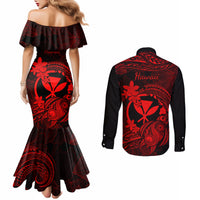 hawaii-couples-matching-mermaid-dress-and-long-sleeve-button-shirts-turtle-mix-polynesian-plumeria-red-version