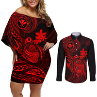 hawaii-couples-matching-off-shoulder-short-dress-and-long-sleeve-button-shirts-turtle-mix-polynesian-plumeria-red-version