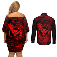 hawaii-couples-matching-off-shoulder-short-dress-and-long-sleeve-button-shirts-turtle-mix-polynesian-plumeria-red-version