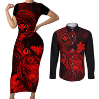 hawaii-couples-matching-short-sleeve-bodycon-dress-and-long-sleeve-button-shirts-turtle-mix-polynesian-plumeria-red-version