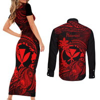 hawaii-couples-matching-short-sleeve-bodycon-dress-and-long-sleeve-button-shirts-turtle-mix-polynesian-plumeria-red-version