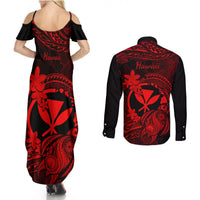 hawaii-couples-matching-summer-maxi-dress-and-long-sleeve-button-shirts-turtle-mix-polynesian-plumeria-red-version