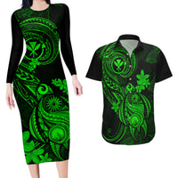 Hawaii Couples Matching Long Sleeve Bodycon Dress and Hawaiian Shirt Turtle Mix Polynesian Plumeria Green Version LT14 Green - Polynesian Pride