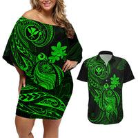 hawaii-couples-matching-off-shoulder-short-dress-and-hawaiian-shirt-turtle-mix-polynesian-plumeria-green-version