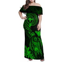 Hawaii Family Matching Off Shoulder Maxi Dress and Hawaiian Shirt Turtle Mix Polynesian Plumeria Green Version LT14 Mom's Dress Green - Polynesian Pride