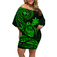 Hawaii Family Matching Off Shoulder Short Dress and Hawaiian Shirt Turtle Mix Polynesian Plumeria Green Version LT14 Mom's Dress Green - Polynesian Pride
