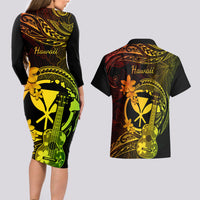 Hawaii Couples Matching Long Sleeve Bodycon Dress and Hawaiian Shirt Ukulele Mix Polynesian Plumeria Reggae Version LT14 - Polynesian Pride