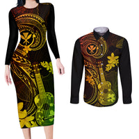 hawaii-couples-matching-long-sleeve-bodycon-dress-and-long-sleeve-button-shirts-ukulele-mix-polynesian-plumeria-reggae-version