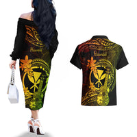 Hawaii Couples Matching Off The Shoulder Long Sleeve Dress and Hawaiian Shirt Ukulele Mix Polynesian Plumeria Reggae Version LT14 - Polynesian Pride