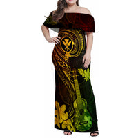 Hawaii Family Matching Off Shoulder Maxi Dress and Hawaiian Shirt Ukulele Mix Polynesian Plumeria Reggae Version LT14 Mom's Dress Reggae - Polynesian Pride
