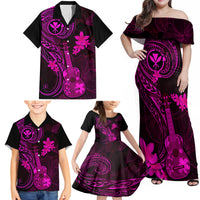 Hawaii Family Matching Off Shoulder Maxi Dress and Hawaiian Shirt Ukulele Mix Polynesian Plumeria Pink Version LT14 - Polynesian Pride