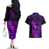 Hawaii Couples Matching Off The Shoulder Long Sleeve Dress and Hawaiian Shirt Ukulele Mix Polynesian Plumeria Purple Version LT14 - Polynesian Pride
