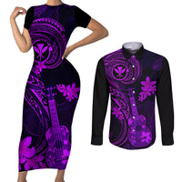 Hawaii Couples Matching Short Sleeve Bodycon Dress and Long Sleeve Button Shirts Ukulele Mix Polynesian Plumeria Purple Version LT14 Purple - Polynesian Pride