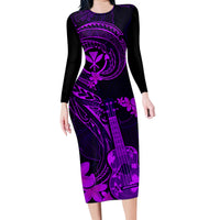 Hawaii Family Matching Long Sleeve Bodycon Dress and Hawaiian Shirt Ukulele Mix Polynesian Plumeria Purple Version LT14 Mom's Dress Purple - Polynesian Pride