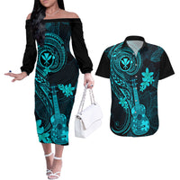 Hawaii Couples Matching Off The Shoulder Long Sleeve Dress and Hawaiian Shirt Ukulele Mix Polynesian Plumeria Turquoise Version LT14 Turquoise - Polynesian Pride