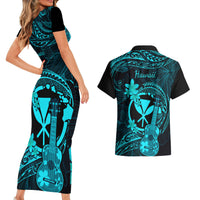 Hawaii Couples Matching Short Sleeve Bodycon Dress and Hawaiian Shirt Ukulele Mix Polynesian Plumeria Turquoise Version LT14 - Polynesian Pride