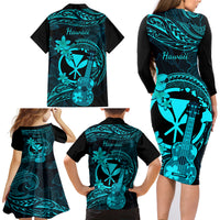 Hawaii Family Matching Long Sleeve Bodycon Dress and Hawaiian Shirt Ukulele Mix Polynesian Plumeria Turquoise Version LT14 - Polynesian Pride