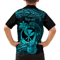 Hawaii Family Matching Off Shoulder Long Sleeve Dress and Hawaiian Shirt Ukulele Mix Polynesian Plumeria Turquoise Version LT14 - Polynesian Pride
