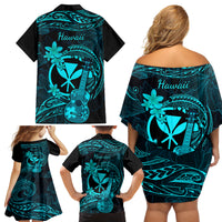 Hawaii Family Matching Off Shoulder Short Dress and Hawaiian Shirt Ukulele Mix Polynesian Plumeria Turquoise Version LT14 - Polynesian Pride