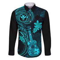Hawaii Family Matching Off Shoulder Short Dress and Hawaiian Shirt Ukulele Mix Polynesian Plumeria Turquoise Version LT14 Dad's Shirt - Long Sleeve Turquoise - Polynesian Pride