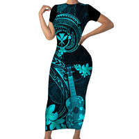 Hawaii Family Matching Short Sleeve Bodycon Dress and Hawaiian Shirt Ukulele Mix Polynesian Plumeria Turquoise Version LT14 Mom's Dress Turquoise - Polynesian Pride