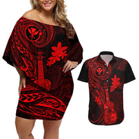 hawaii-couples-matching-off-shoulder-short-dress-and-hawaiian-shirt-ukulele-mix-polynesian-plumeria-red-version