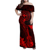 Hawaii Family Matching Off Shoulder Maxi Dress and Hawaiian Shirt Ukulele Mix Polynesian Plumeria Red Version LT14 Mom's Dress Red - Polynesian Pride