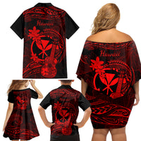 Hawaii Family Matching Off Shoulder Short Dress and Hawaiian Shirt Ukulele Mix Polynesian Plumeria Red Version LT14 - Polynesian Pride