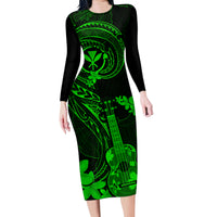 Hawaii Family Matching Long Sleeve Bodycon Dress and Hawaiian Shirt Ukulele Mix Polynesian Plumeria Green Version LT14 Mom's Dress Green - Polynesian Pride