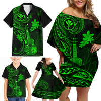 Hawaii Family Matching Off Shoulder Short Dress and Hawaiian Shirt Ukulele Mix Polynesian Plumeria Green Version LT14 - Polynesian Pride