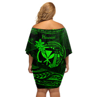 Hawaii Family Matching Off Shoulder Short Dress and Hawaiian Shirt Ukulele Mix Polynesian Plumeria Green Version LT14 - Polynesian Pride